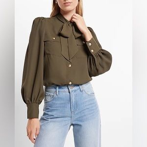 Relaxed Balloon Sleeve Novelty Button Tie Neck Portofino Shirt For Sale